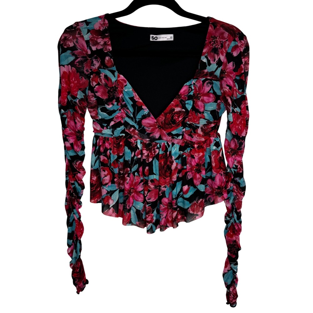 Floral Whimsy Long Sleeve Black and Red Floral Cropped Top Size XS
